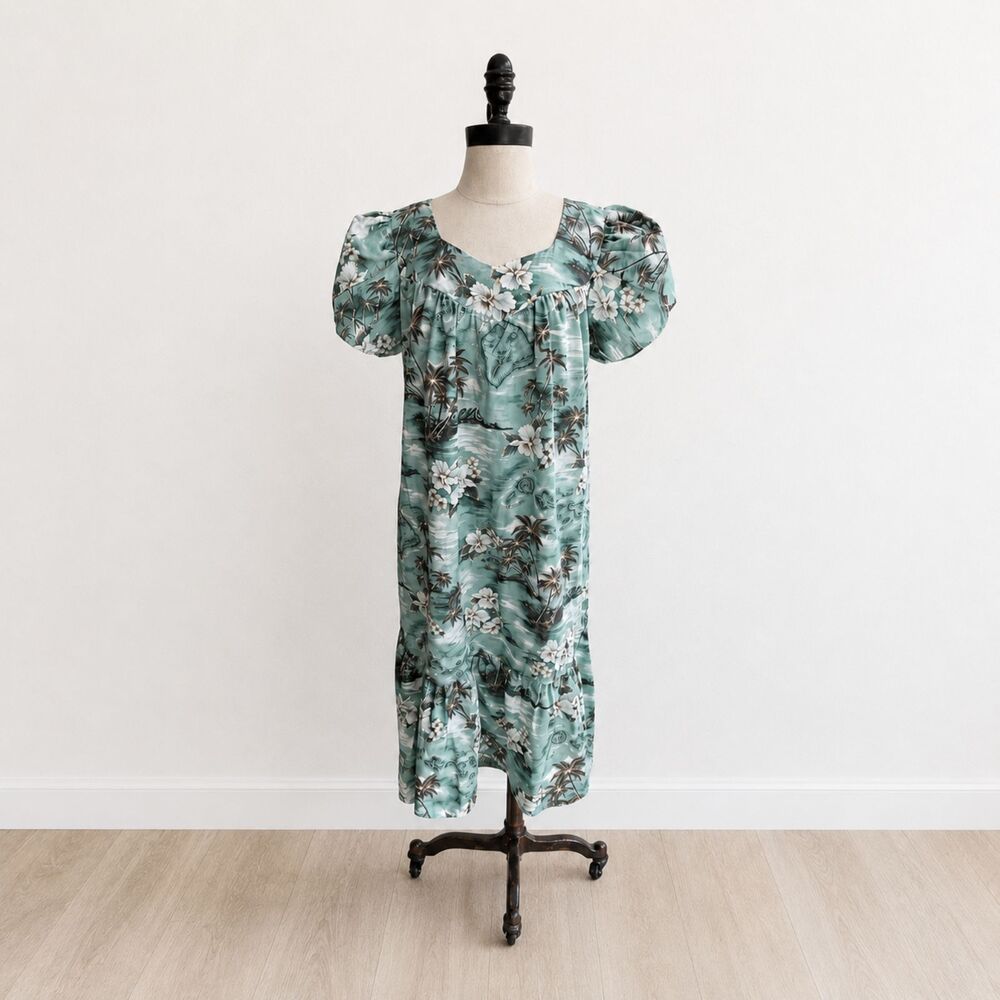 Vintage Ky's Hawaiian Floral Muumuu Dress Green Tropical Hawaii USA Womens M/L